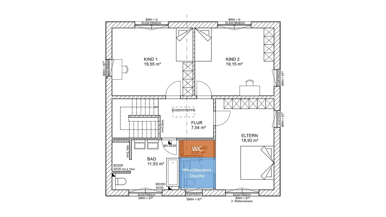Grundriss Obergeschoss: zwei Kinderzimmer, Elternzimmer, Bad, WC, Waschbereich, Flur, Treppe.
