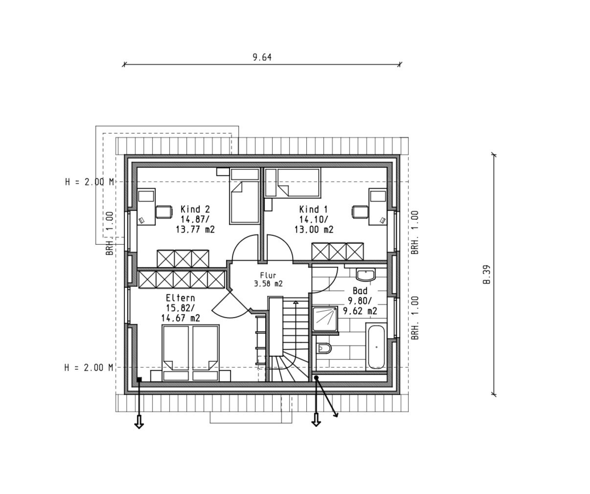 Grundriss-Obergeschoss mit Flur, Eltern- und zwei Kinderzimmern, Bad und Treppe
