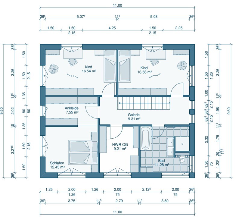 Grundriss eines Obergeschosses mit Schlafzimmer, zwei Kinderzimmern, Ankleide, Bad, HWR und Galerie.