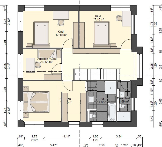 Grundriss Dachgeschoss: zwei Kinderzimmer, Arbeits-/Gästezimmer, Schlafzimmer, Flur, Treppe, Bad