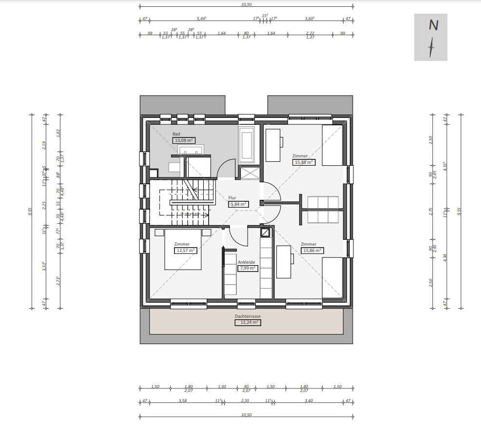 Grundriss eines Obergeschosses mit Bad, drei Zimmern, Ankleide, Flur und Dachterrasse.