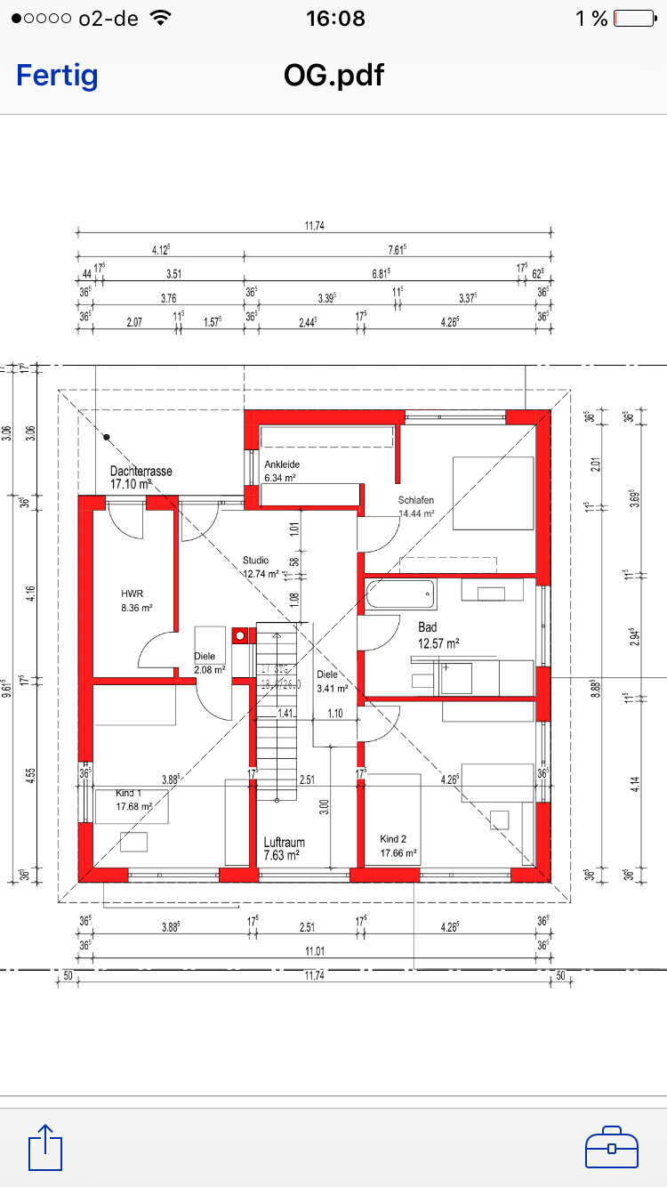 Grundriss-Obergeschoss eines Hauses mit Schlafzimmer, Bad, Kinderzimmer und HWR