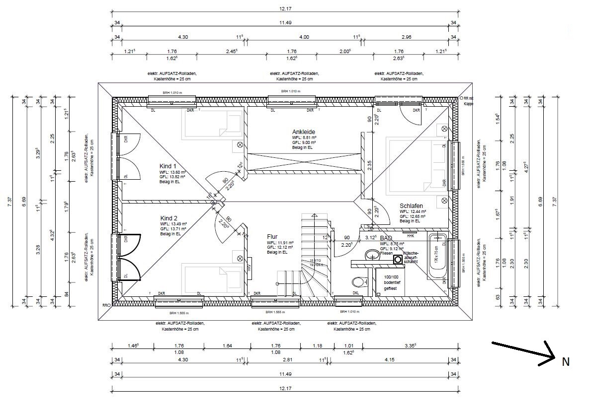 Grundriss eines Obergeschosses mit Schlafzimmer, zwei Kinderzimmer, Ankleide, Bad und Flur.