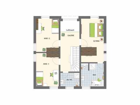 Grundriss des Obergeschosses eines Hauses mit Schlafzimmern, Bad, Galerie und Treppe