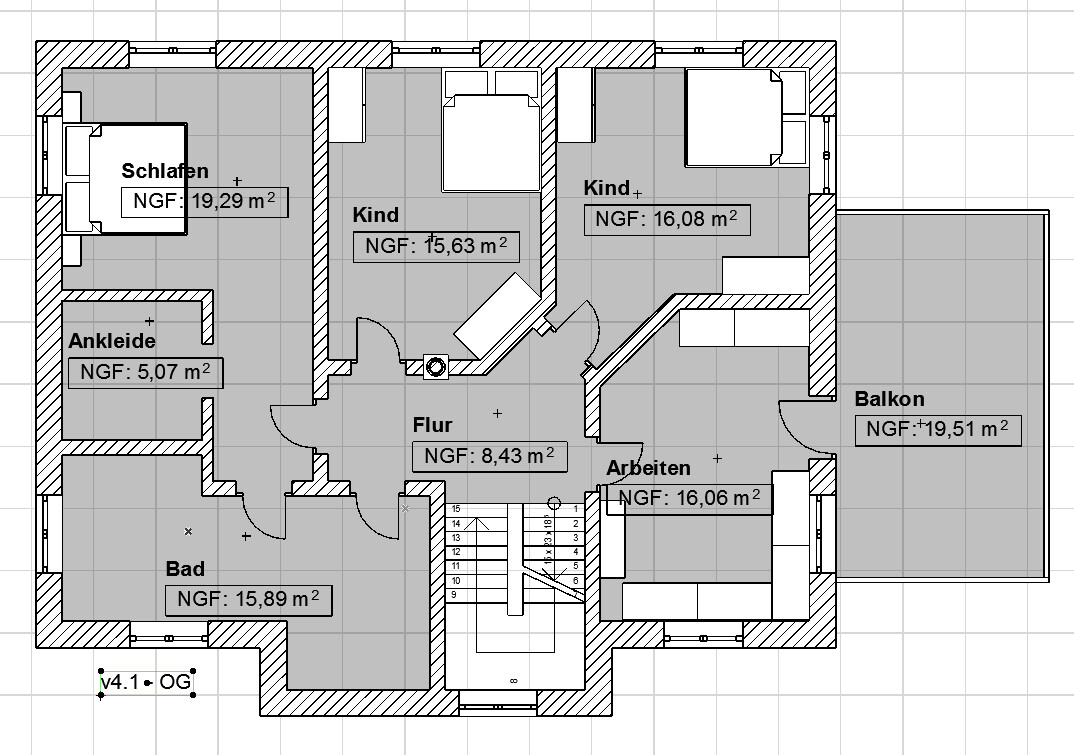 Grundriss OG mit Schlafzimmer, Ankleide, Bad, Flur, Arbeiten, 2x Kinderzimmer, Balkon