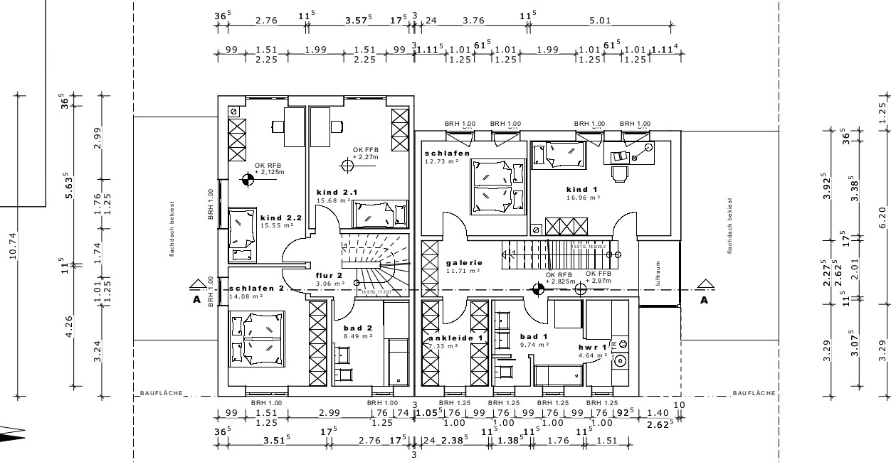 Grundriss eines Wohnhauses mit Schlafzimmer, Kinderzimmer, Galerie, Flur, Bad, Ankleide und HWR.