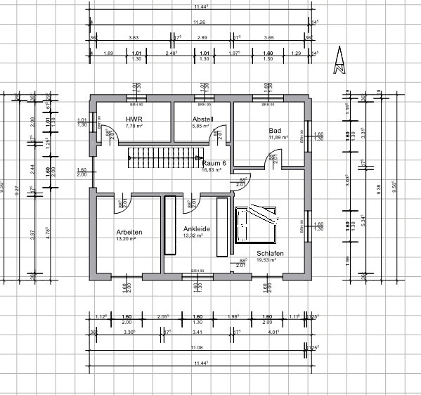 Obergeschoss-Grundriss mit Schlafen, Arbeiten, Ankleide, Bad, HWR, Abstellraum und Treppe.