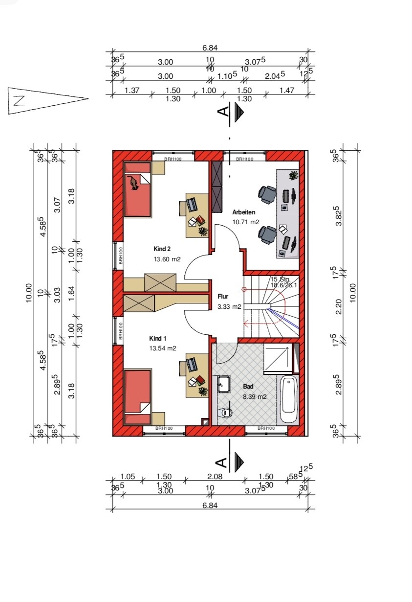 Grundriss eines Hauses: Flur verbindet Arbeitszimmer, Bad und zwei Kinderzimmer; rote Außenwände.