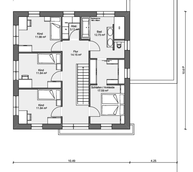 Grundriss eines Obergeschosses: Flur, Treppenhaus, 3 Kinderzimmer, Schlafzimmer mit Ankleide, Bad.