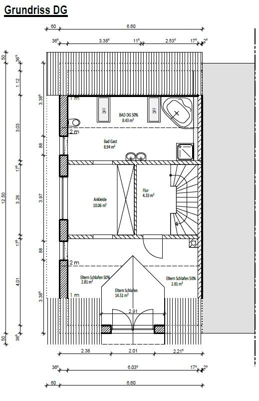 2D-Grundriss DG: Bad, Ankleide, Flur und Schlafzimmer mit Treppenaufgang