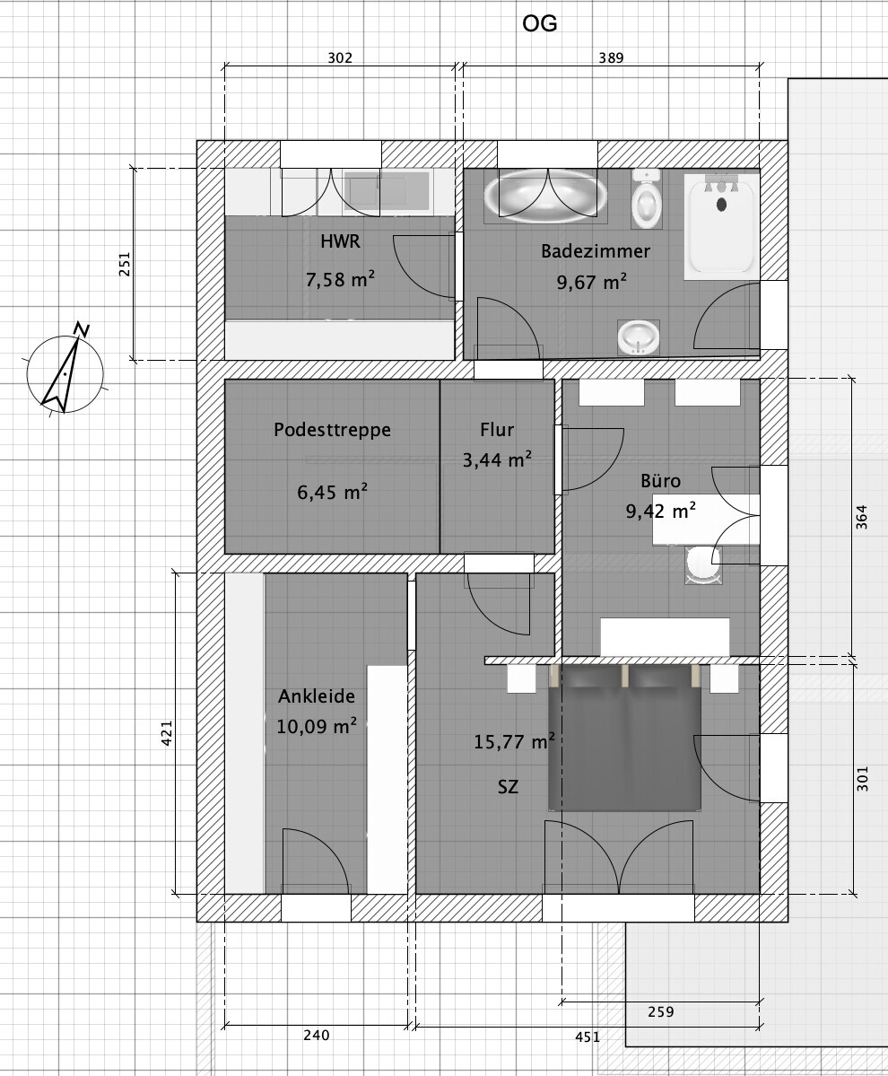 OG-Grundriss: Schlafzimmer, Büro, Badezimmer, HWR, Ankleide, Podesttreppe, Flur.