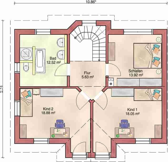 Grundriss des Obergeschosses mit Bad, Flur, Schlafzimmer und zwei Kinderzimmern samt Treppe