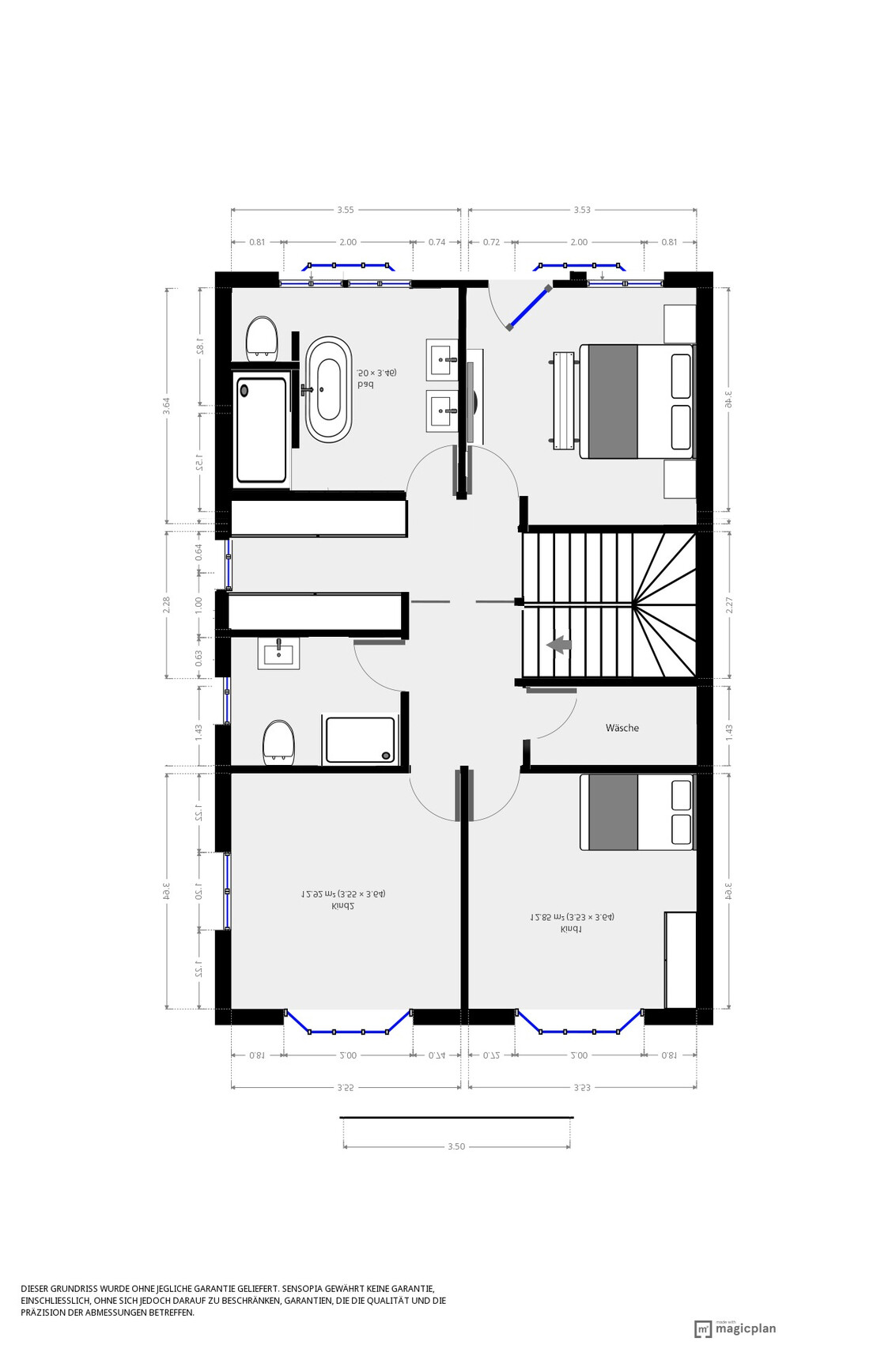 Grundriss des Obergeschosses mit Treppe, Bad, Wäsche und drei Schlafzimmern.