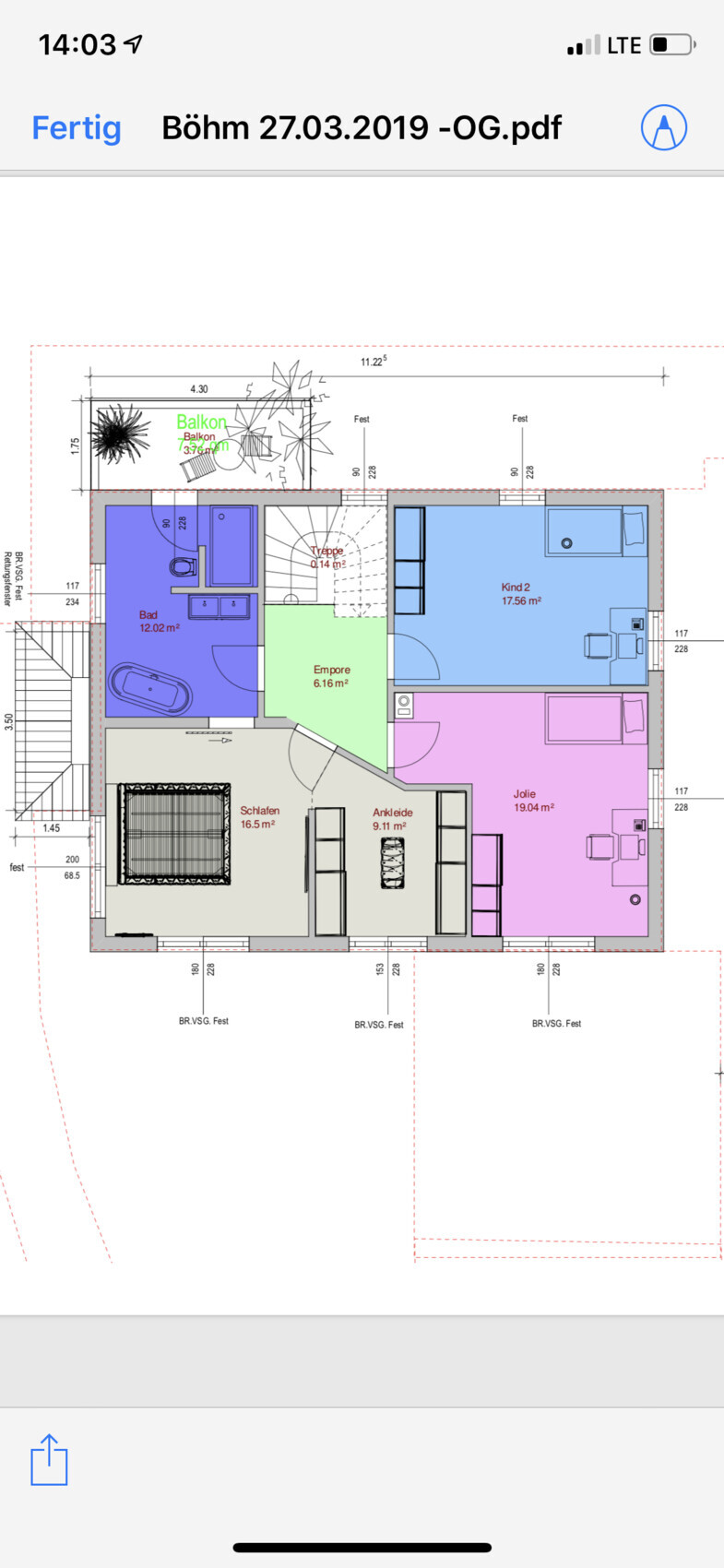 Grundriss des OG: Schlafen, Ankleide, Empore, Bad, Jolie, Kind 2, Balkon, Treppe.