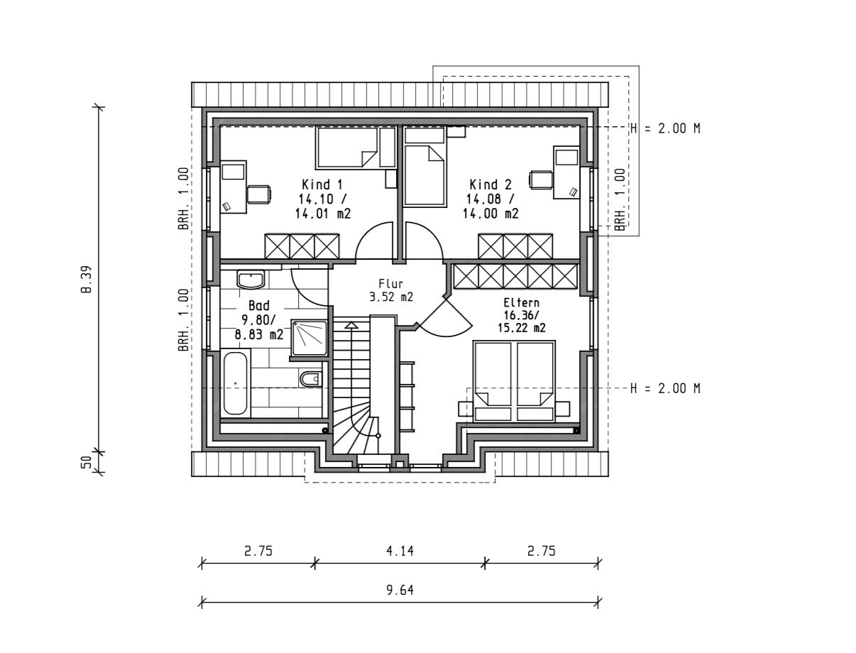 Grundriss eines Hauses: Obergeschoss mit Flur, Bad, Eltern- und Kinderzimmern, Treppenhaus