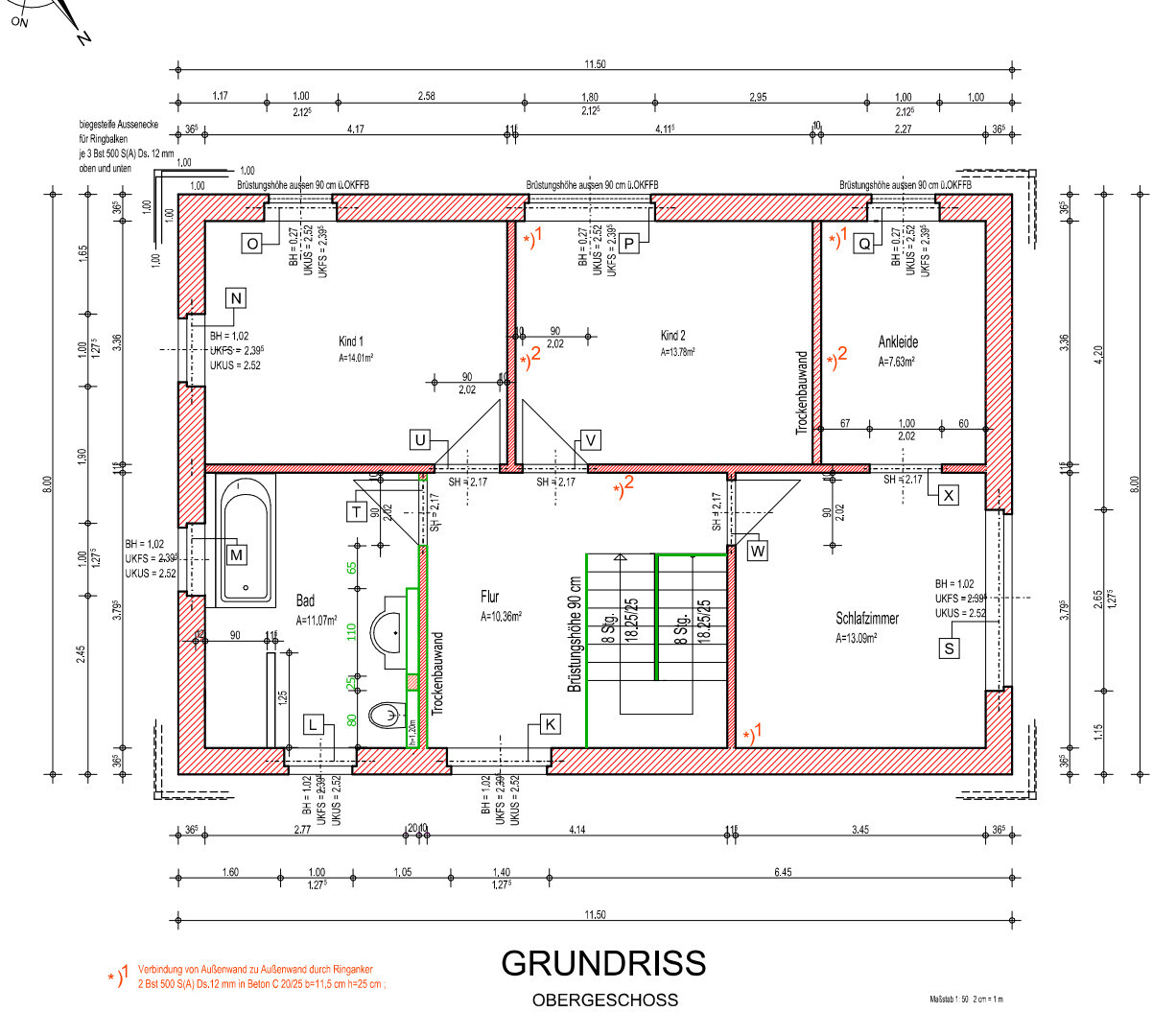 2D-Grundriss des Obergeschosses mit Bad, Flur und Schlafzimmer