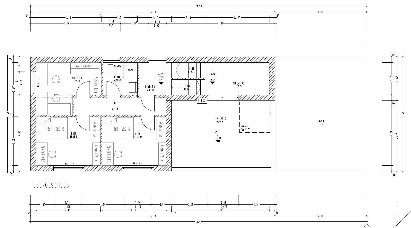 Grundriss Obergeschoss: Flur, Schlafzimmer, Kinderzimmer, Arbeitsraum, Bad, Treppenhaus.
