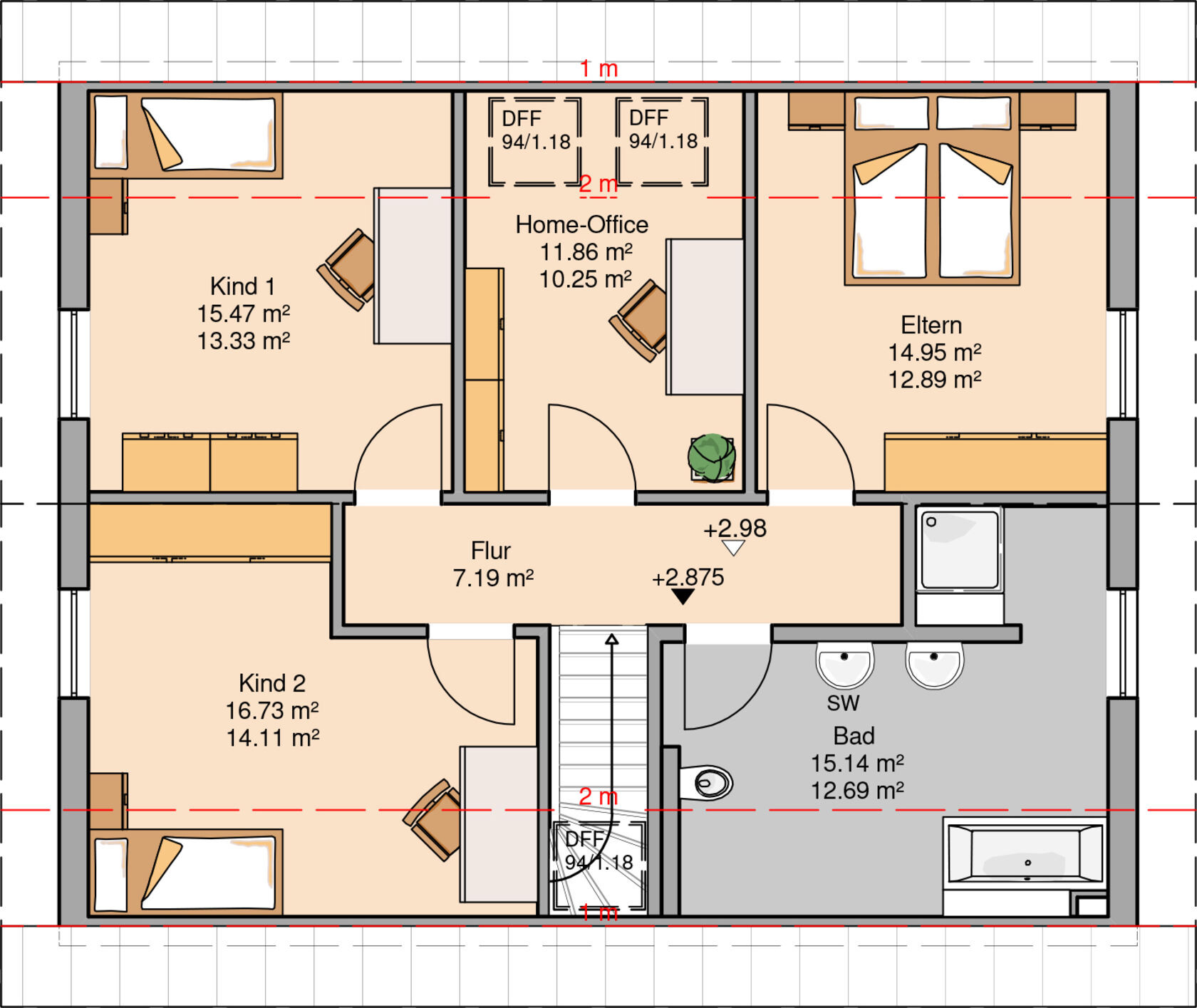 Grundriss eines Hauses: Flur verbindet Kind 1, Kind 2, Eltern, Home-Office und Bad.