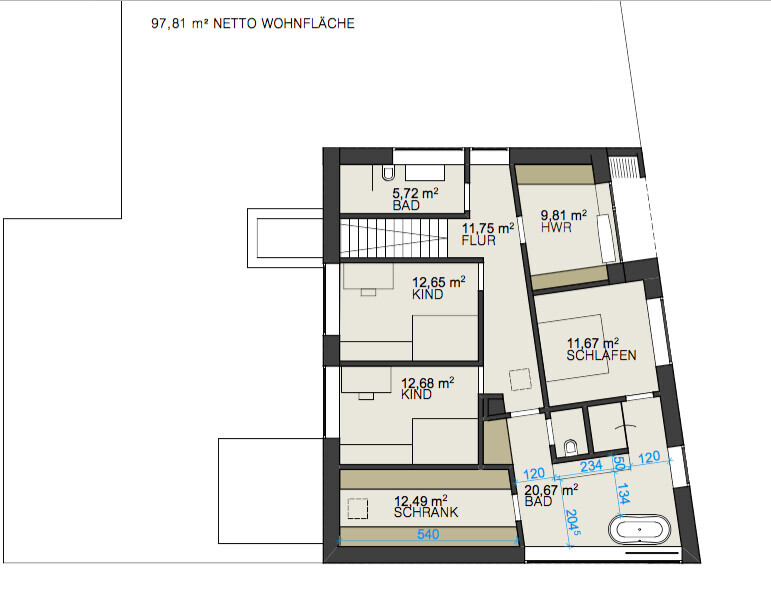 2D Grundriss des Obergeschosses mit Flur, Bad, Schlafzimmer und Kinderzimmer