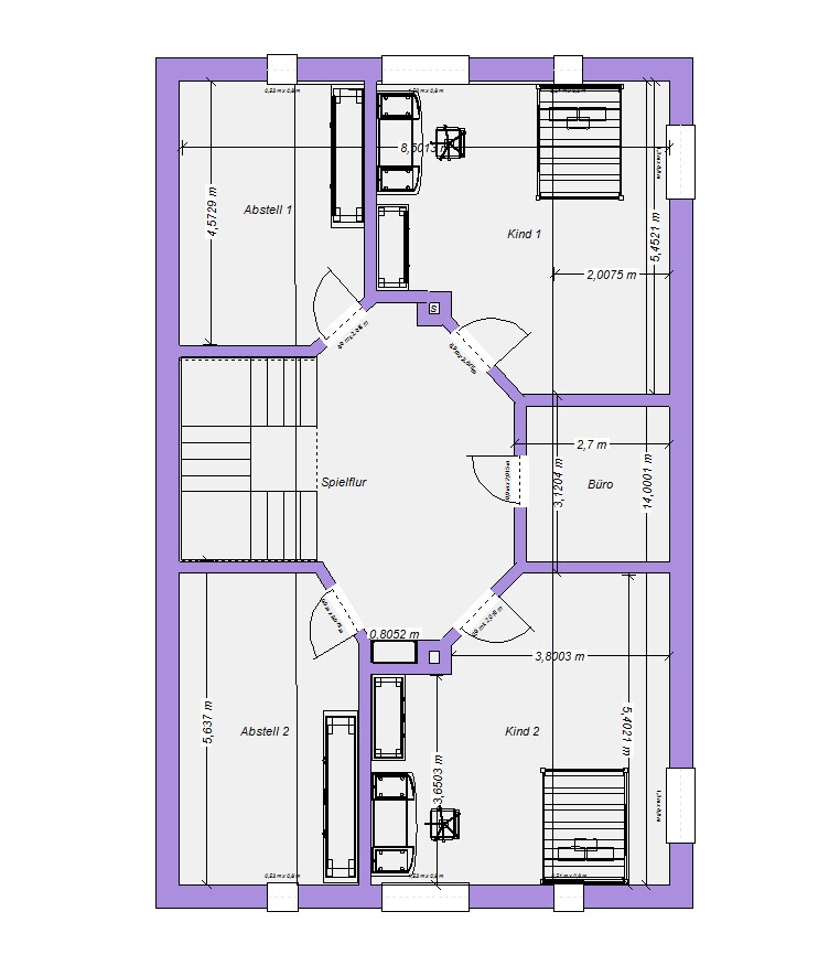 Obergeschoss-Grundriss mit zwei Kinderzimmern, Büro, Spielflur und Abstellräumen.