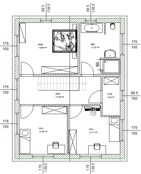 2D-Grundriss Obergeschoss mit Bad, Flur und zwei Kinderzimmern in Mehrfamilienhaus