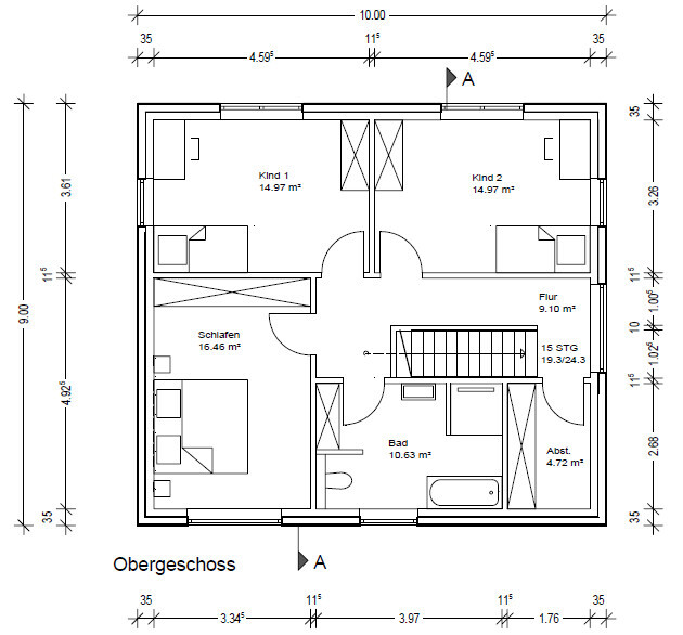 Obergeschoss-Grundriss: zwei Kinderzimmer, Schlafen, Bad, Flur, Treppe, Abstellraum.