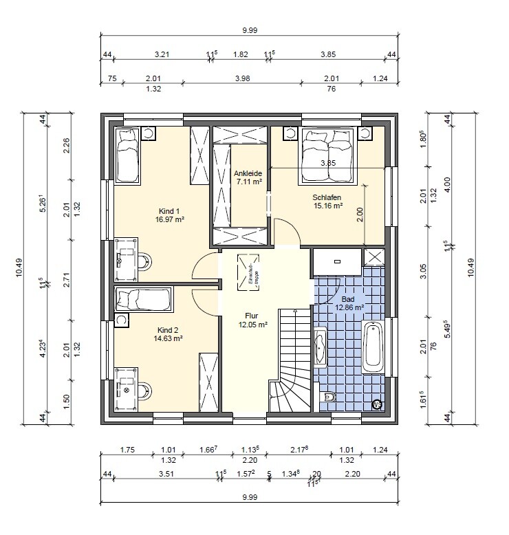 Grundriss eines Hauses mit Flur, Bad, Schlafzimmer, Ankleide und zwei Kinderzimmern.