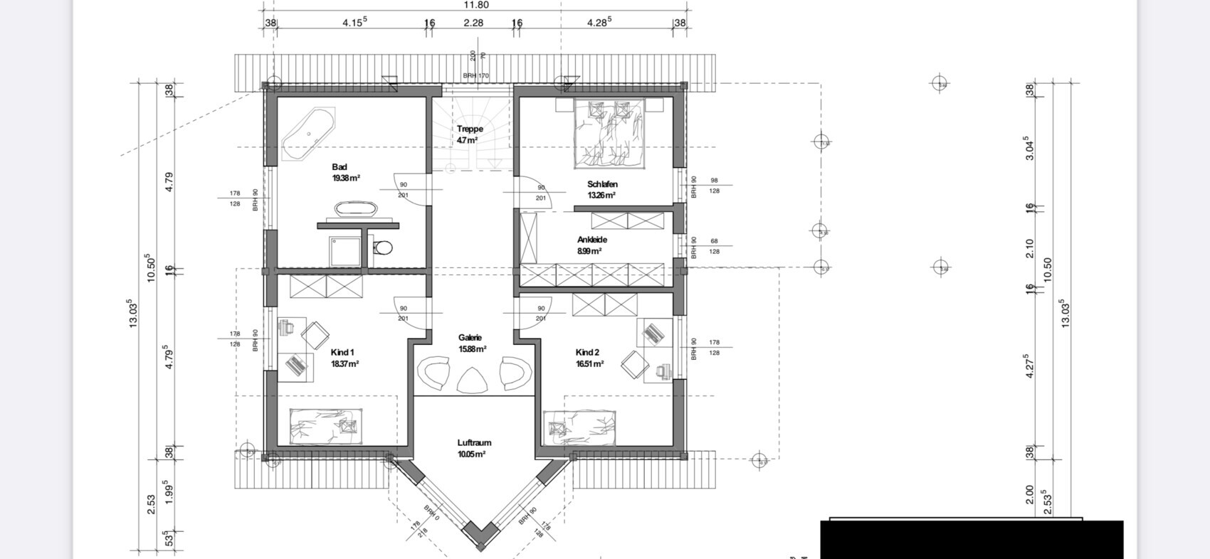 Grundriss eines Hauses: Bad, Schlafen, Ankleide, Galerie, zwei Kinderzimmer und Luftraum.