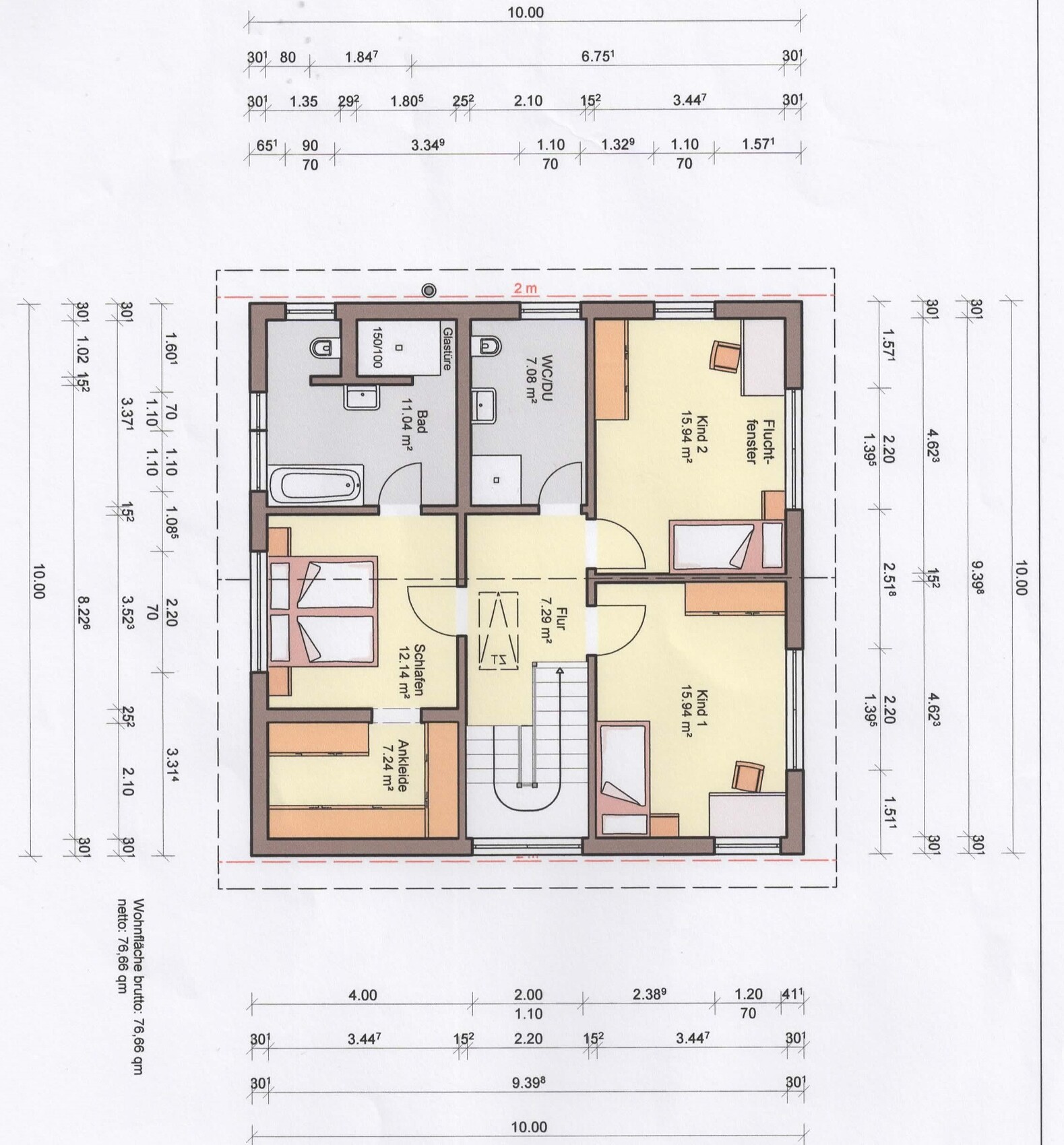 2D Grundrissplan des Obergeschosses eines Hauses mit Schlafzimmern, Bad und Flur