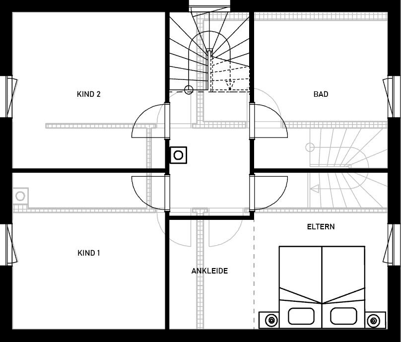 Obergeschoss-Grundriss mit Treppenhaus, KIND 1, KIND 2, ELTERN, BAD, ANKLEIDE.