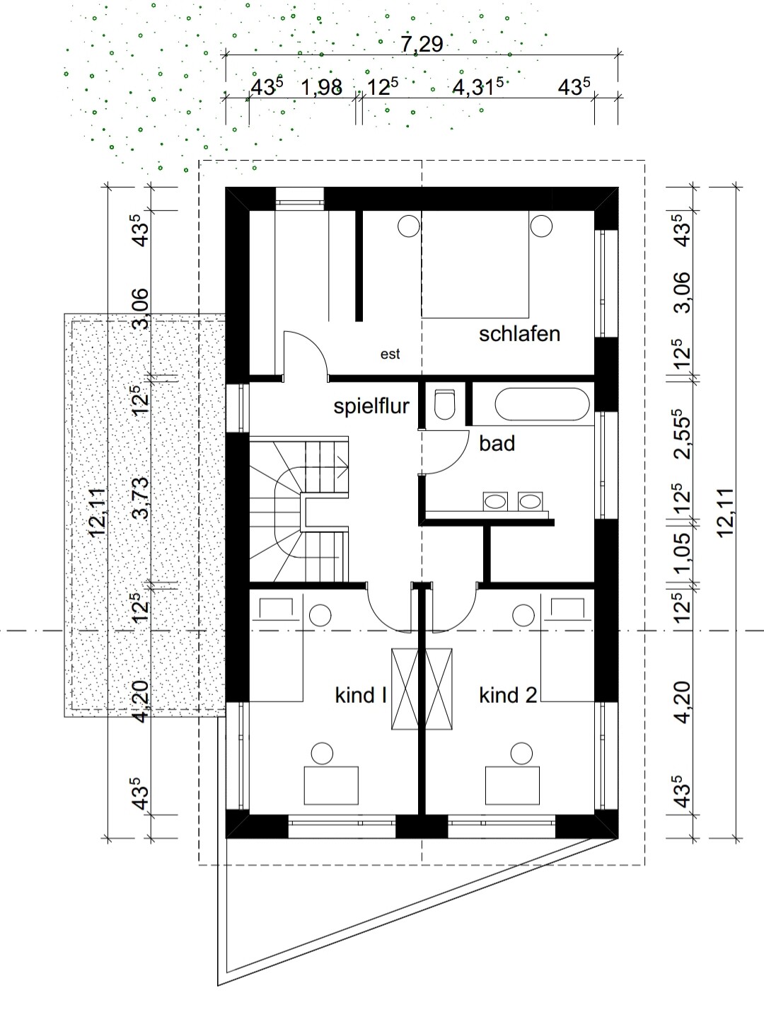 Grundriss eines Hauses: Schlafzimmer, zwei Kinderzimmer, Bad, Spielbereich und Flur.