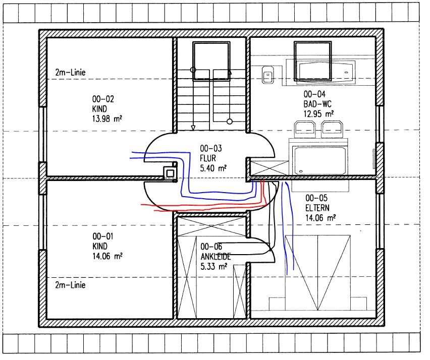 2D Grundriss des Obergeschosses mit Flur, Bad, Elternzimmer und Kinderzimmer