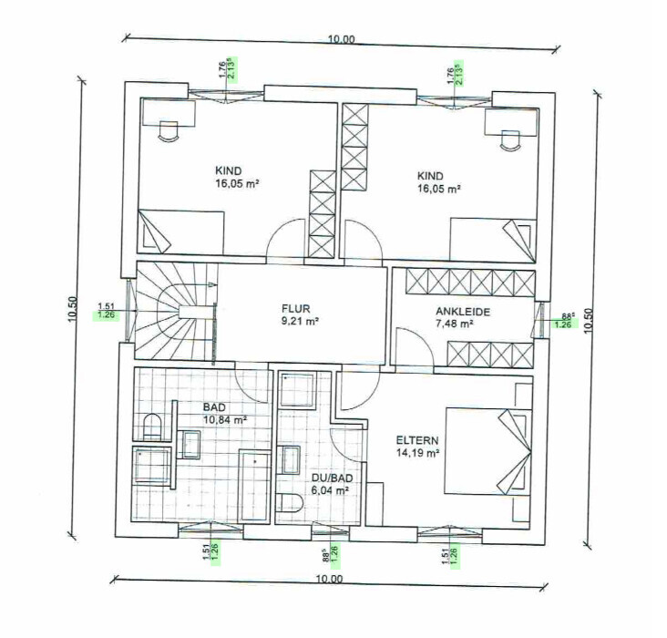 Grundriss eines Obergeschosses: 2 Kinderzimmer, Elternschlafzimmer, Flur, Ankleide, Bad.