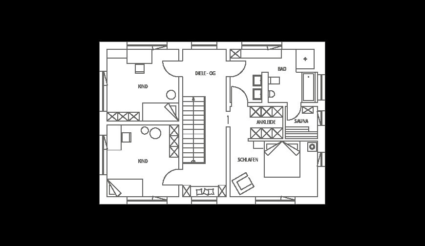Grundriss OG: zwei Kinderzimmer, Schlafzimmer, Ankleide, Bad, Sauna, Flur und Treppe.