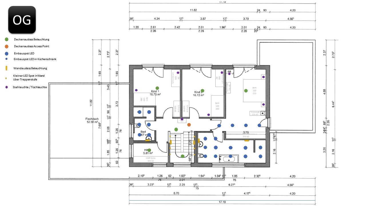 Grundriss Obergeschoss eines Hauses mit zwei Kinderzimmern, Bad und Flur; Beleuchtungssymbole