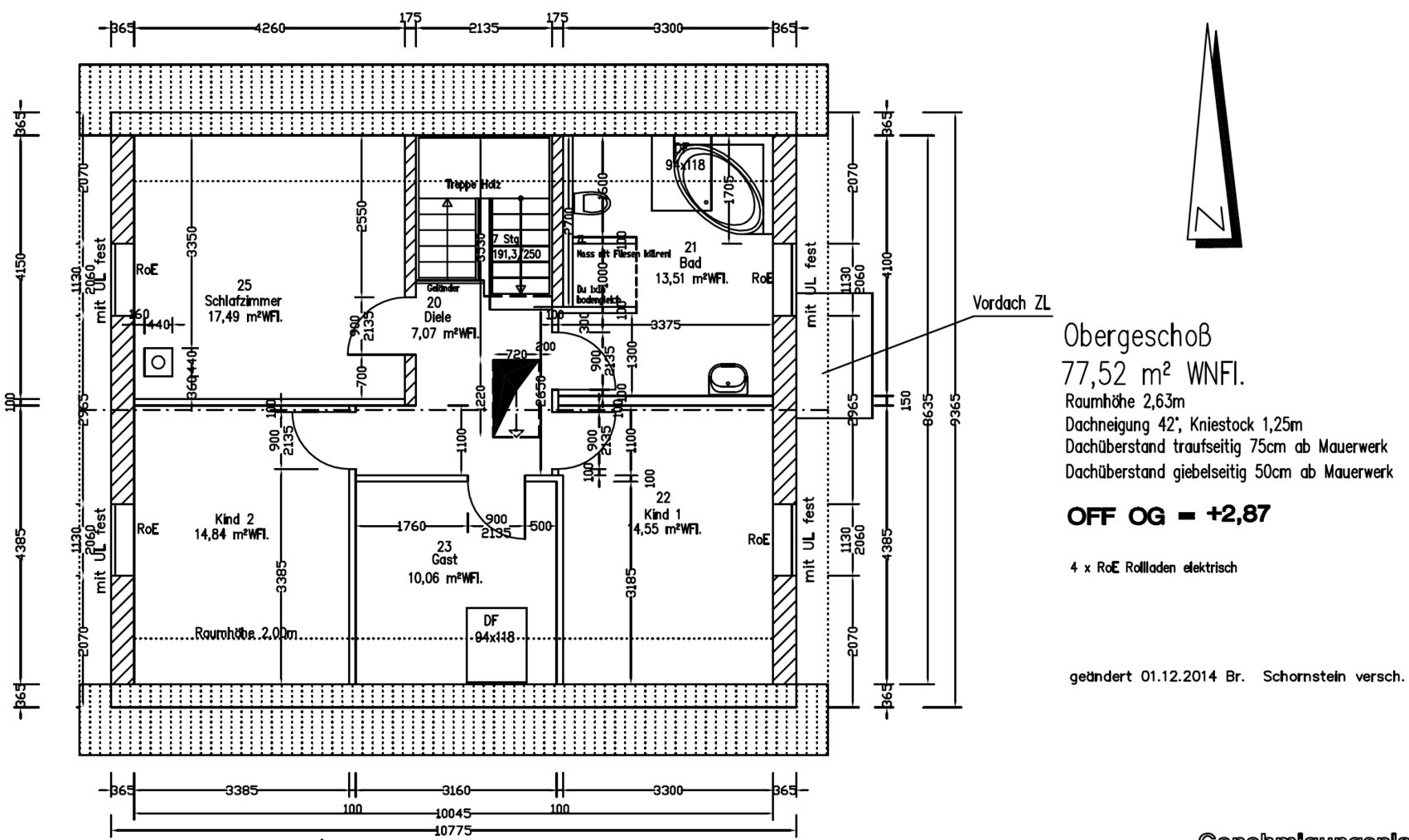 Detaillierter Obergeschoss Grundriss eines Hauses mit Schlafzimmer, Bad und Treppe