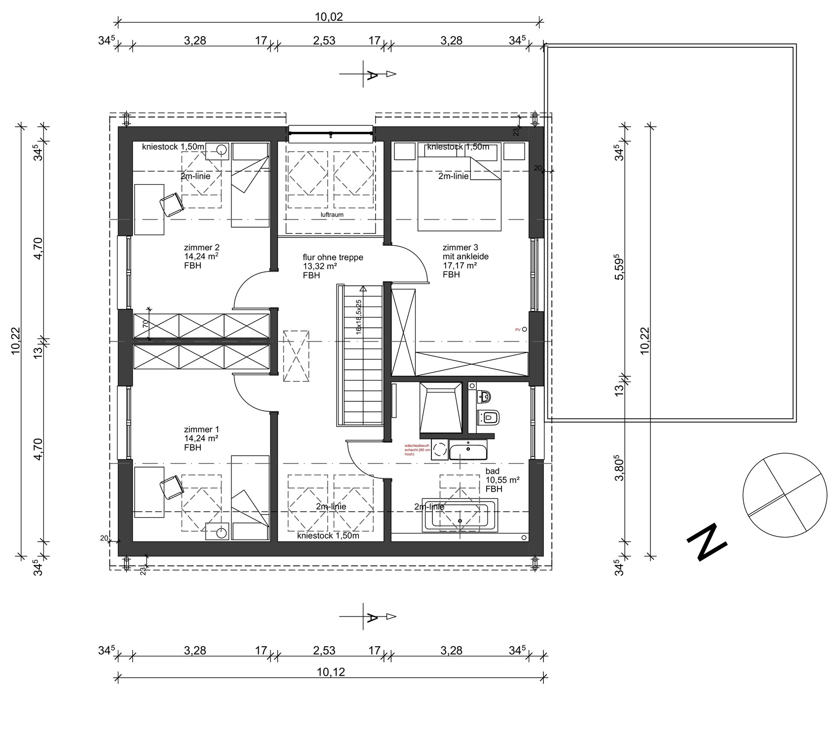 Grundriss Obergeschoss: 3 Zimmer, Bad, Flur, Treppe und Ankleide.