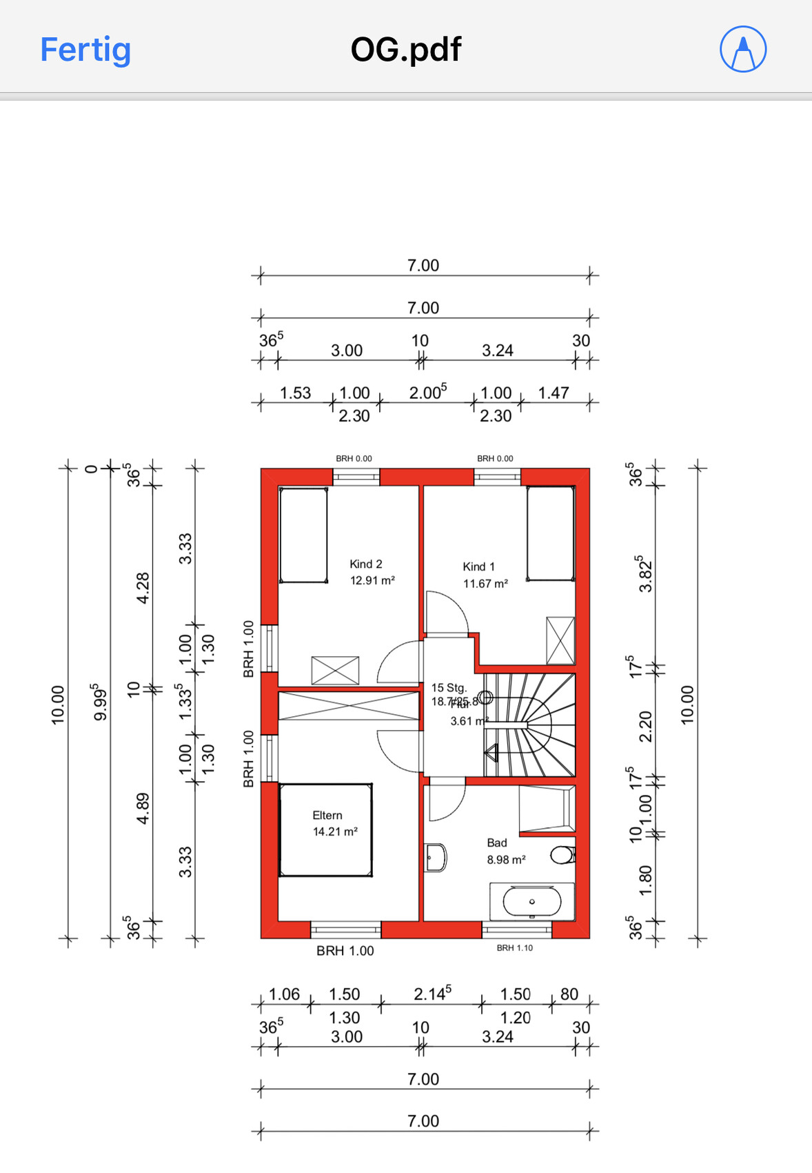 Grundriss OG: zwei Kinderzimmer, Elternzimmer, Bad, Diele und Treppe; rote Außenwand.