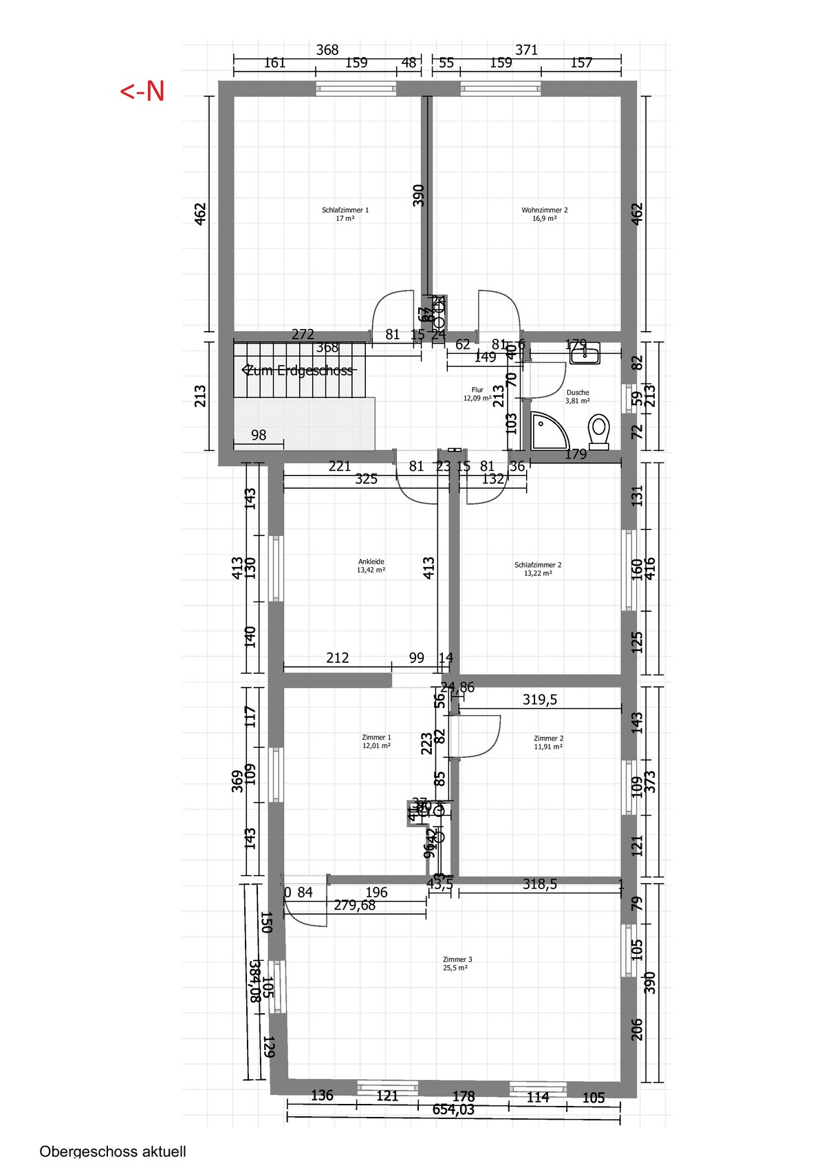 2D-Hausgrundriss eines Obergeschosses mit Schlafzimmern, Wohnzimmer, Flur und Bad.