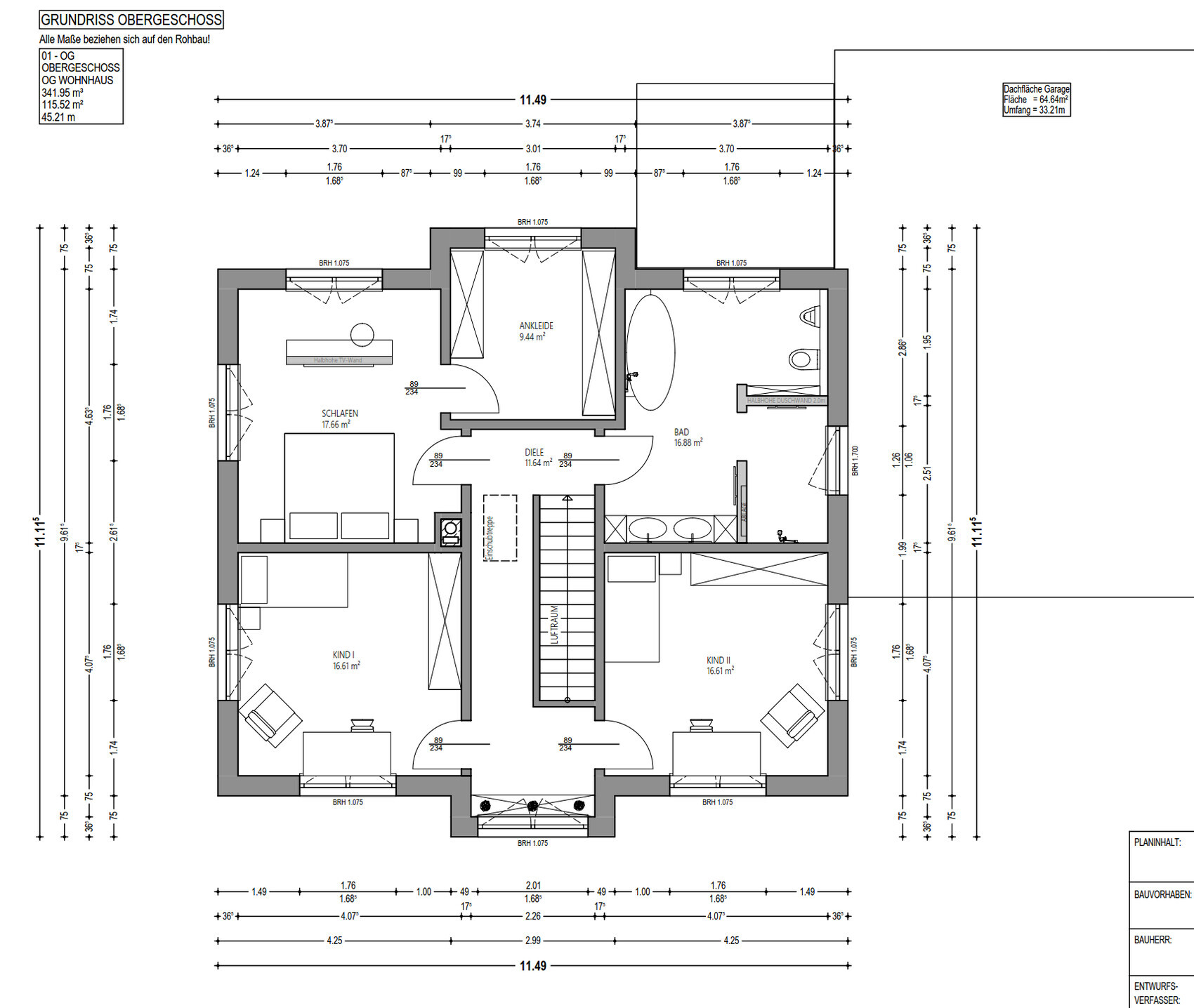Grundriss Obergeschoss: Schlafzimmer, Ankleide, Bad, Diele, zwei Kinderzimmer, Treppe.