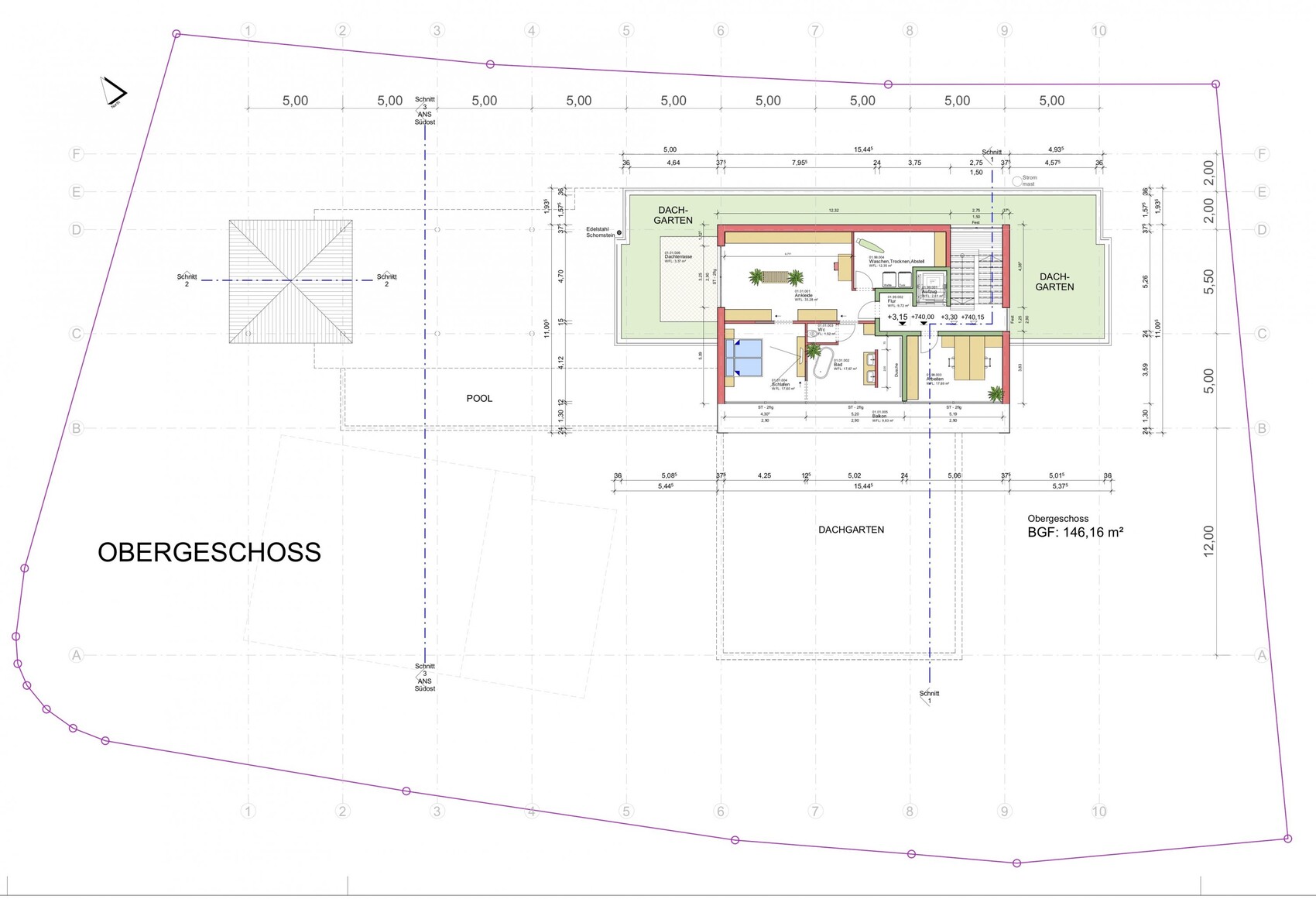 Grundriss des Obergeschosses mit Dachgarten, Poolbereich und Innenräumen.