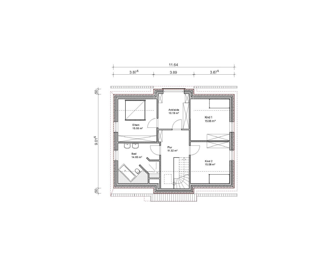Obergeschoss Grundriss eines Hauses mit Elternzimmer, zwei Kindzimmern, Ankleide und Bad
