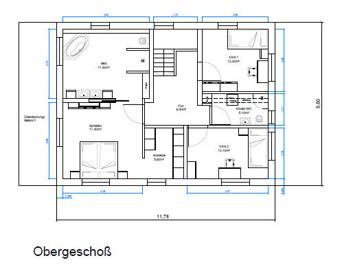 Grundriss Obergeschoss mit Zimmern, Treppen und Türen in einem Hausplan