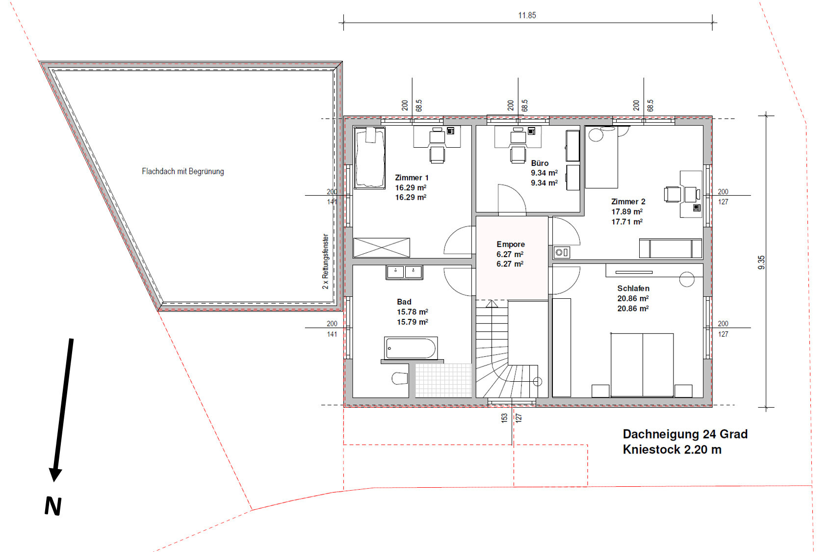 Grundriss Obergeschoss mit Zimmer 1, Büro, Zimmer 2, Schlafen, Bad, Empore und Treppe
