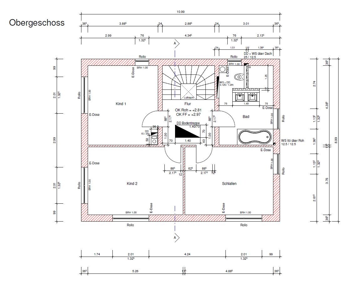 2D-Grundriss Obergeschoss mit Flur, Bad, Schlafzimmer und Kinderzimmer