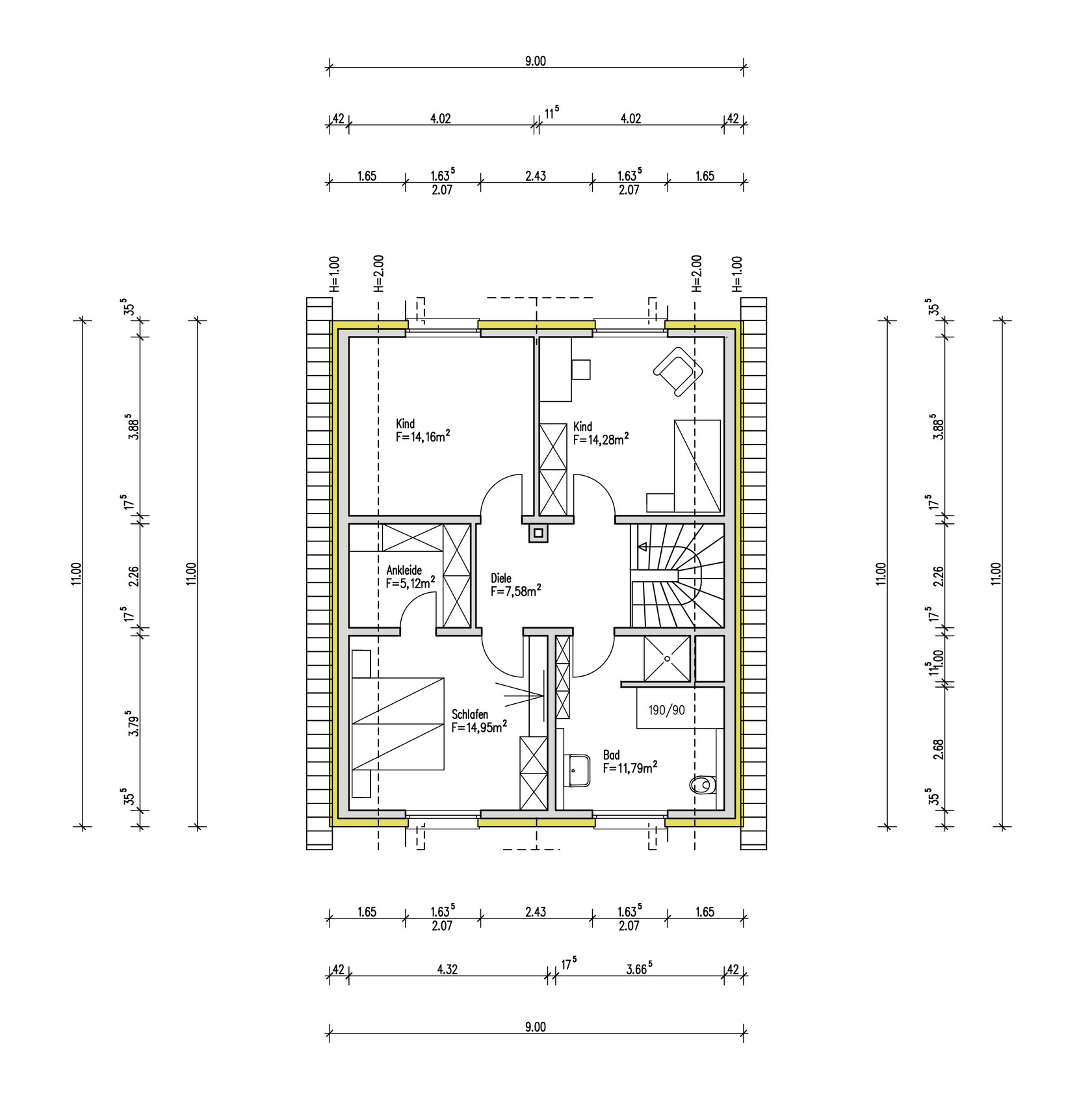 Grundrissplan des Obergeschosses mit Schlafzimmer, Kinderzimmer, Bad und Diele.