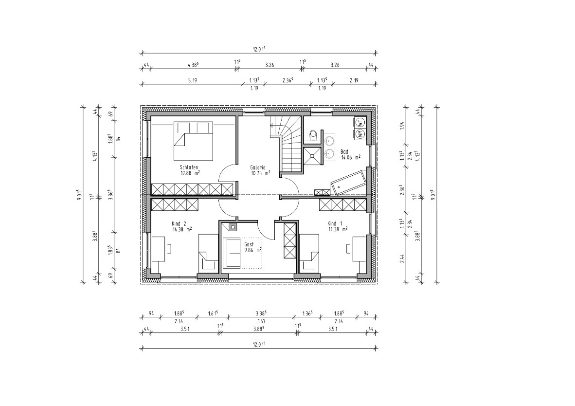Grundriss eines Obergeschosses mit Schlafzimmer, Gästezimmer, zwei Kinderzimmer, Galerie und Bad.