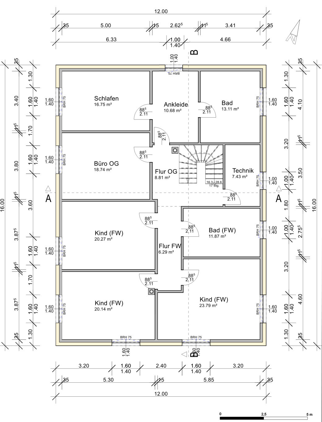 Grundriss eines Hauses: Obergeschoss und FW mit Schlafen, Ankleide, Bad, Büro, Technik, Flur.