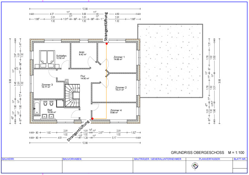 Grundriss Obergeschoss: Schlafzimmer, Ankleide, Flur, Zimmer 1-4, Bad, Treppenhaus, Terrasse.