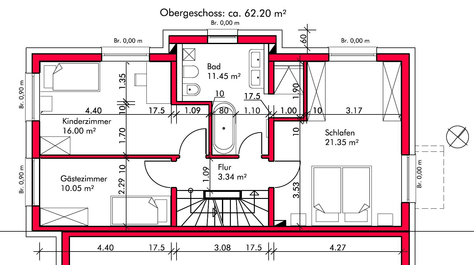 Obergeschoss-Grundriss mit Bad, Flur, Schlafen, Kinder- und Gästezimmer, Treppenhaus